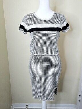 Lucy Paris Black White Textured Knit 2 Piece Skirt Set Medium Chic Career